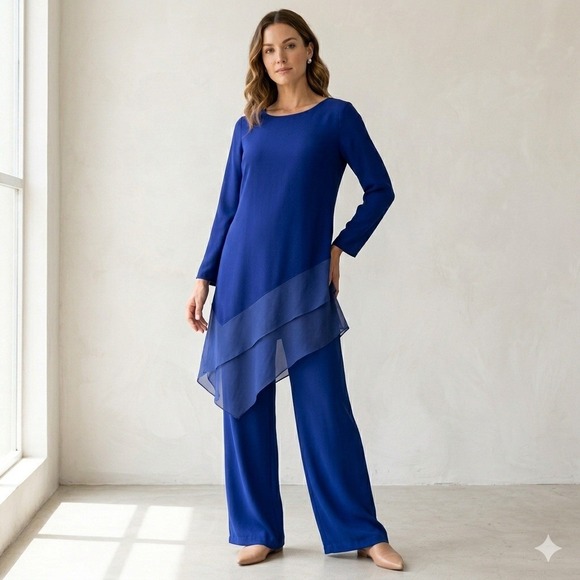 St. John Sweaters - St. John Blue Asymmetrical Tunic with‎ Silk Trim Lagenlook Size Large